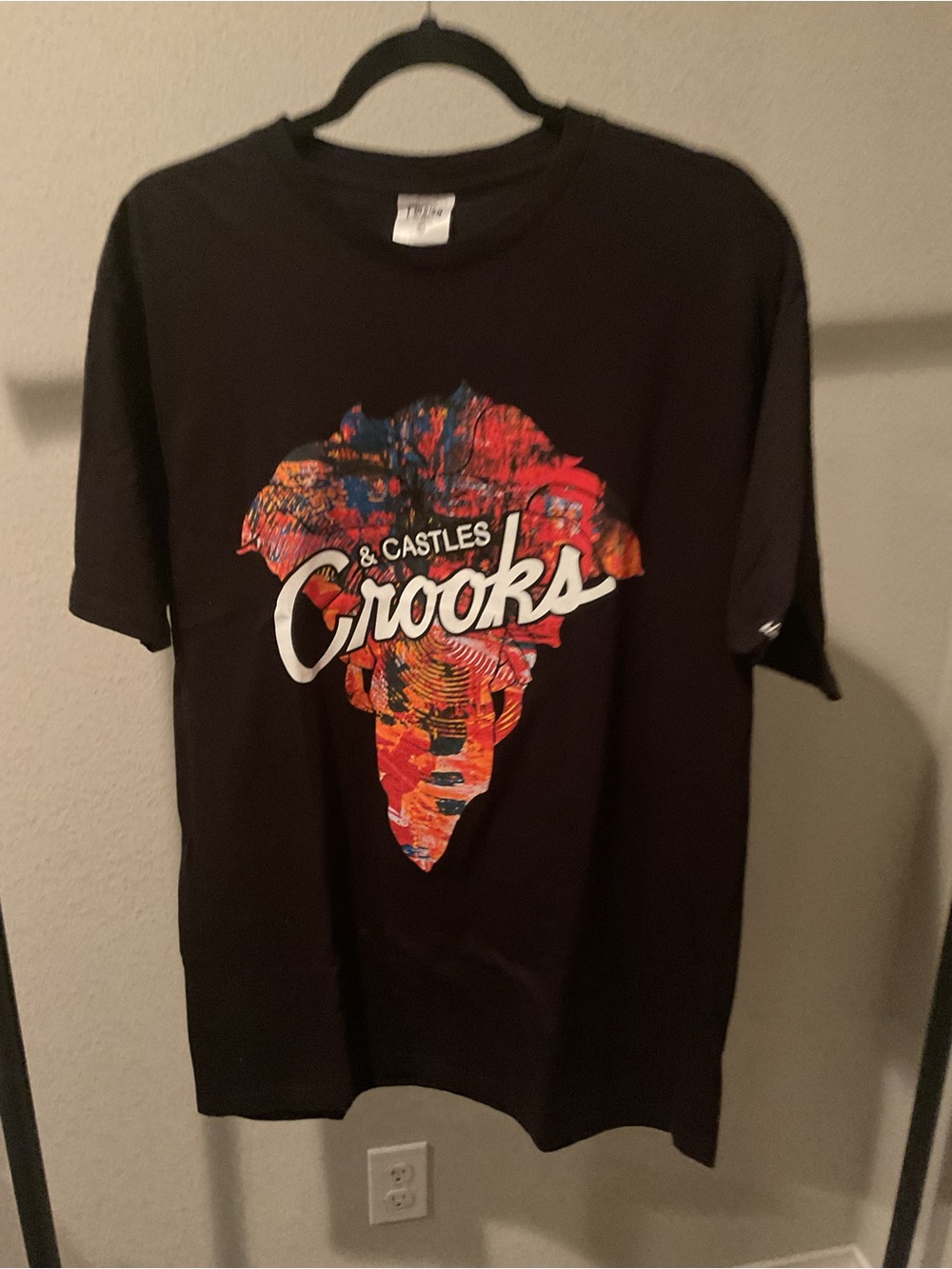 Crooks & Castles Black Tee with Colorful Africa Graphic and White Script